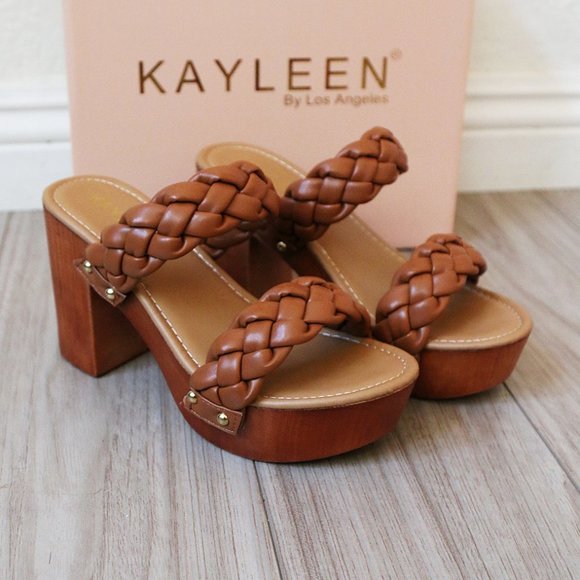 NEW Camel Braided Double Strap Platform Comfy Block Heel Slide On Sandals Shoes - Picture 9 of 10
